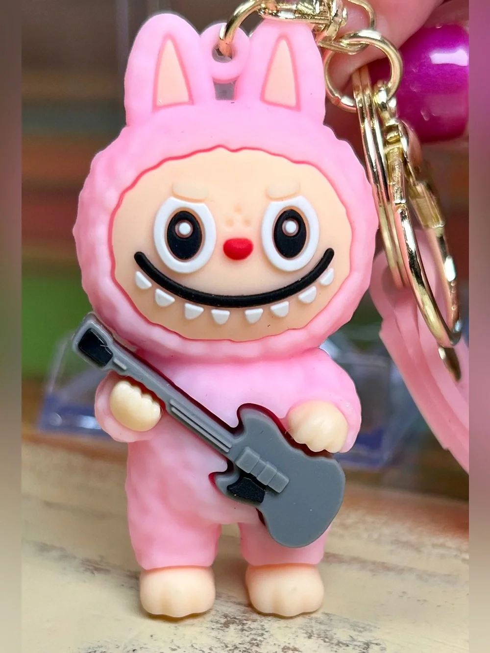 Pop-Punk 3D Pink Bunny Monster Silicone Keychain Charm Guitar Theme Wristlet